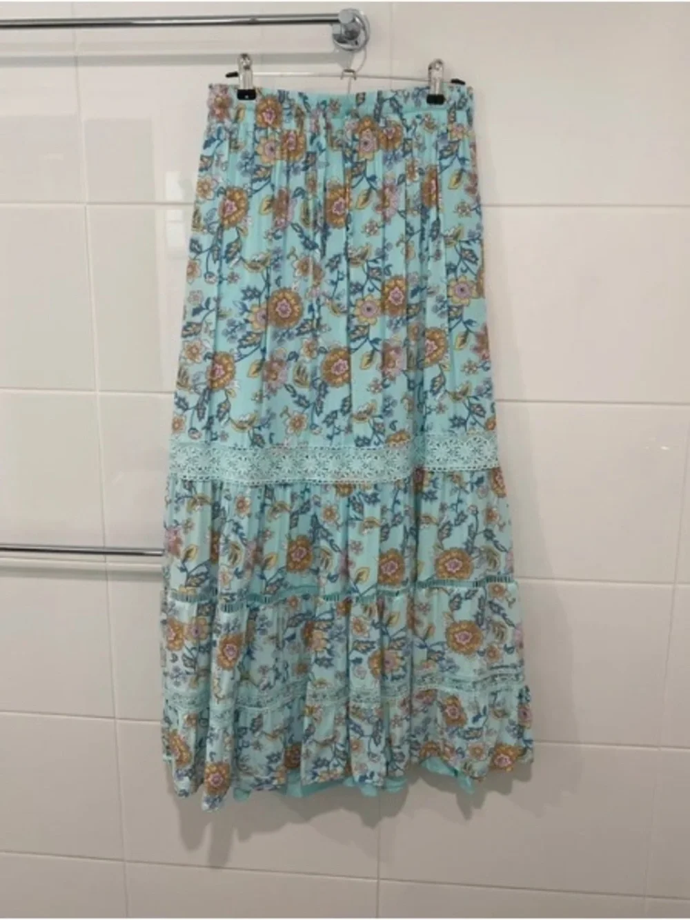 Aqua Floral Tiered Maxi Skirt with Lace Trim